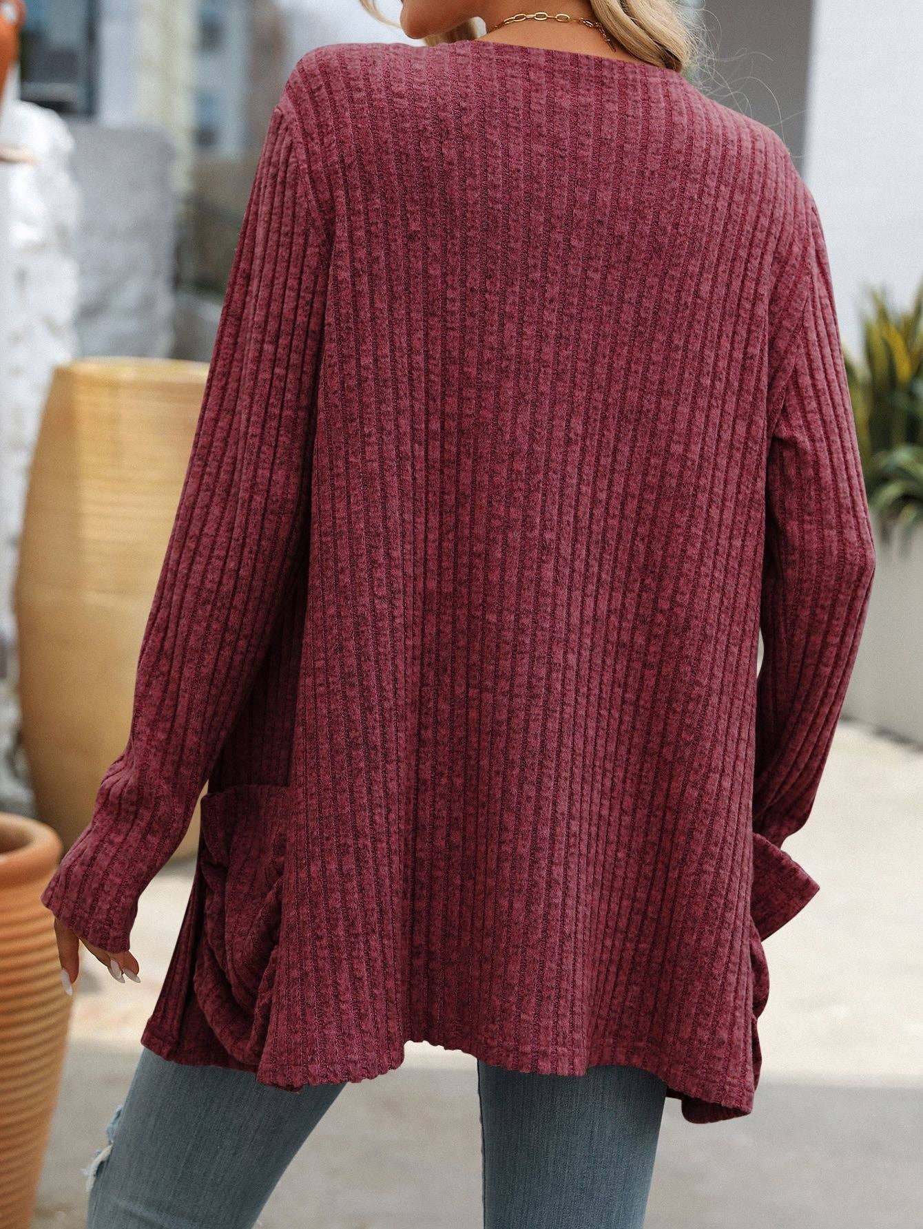 Solid Color Pit Strip Abraded Pocket Cardigan Long-sleeved Jacket