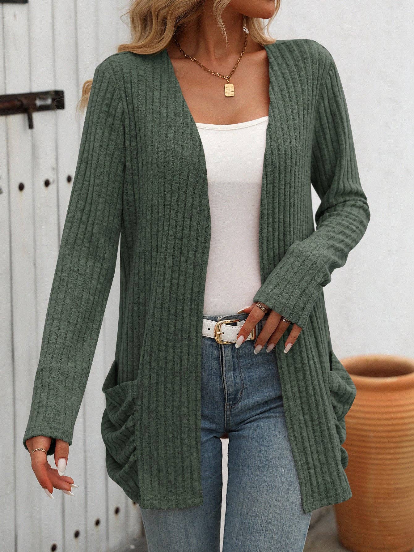 Solid Color Pit Strip Abraded Pocket Cardigan Long-sleeved Jacket