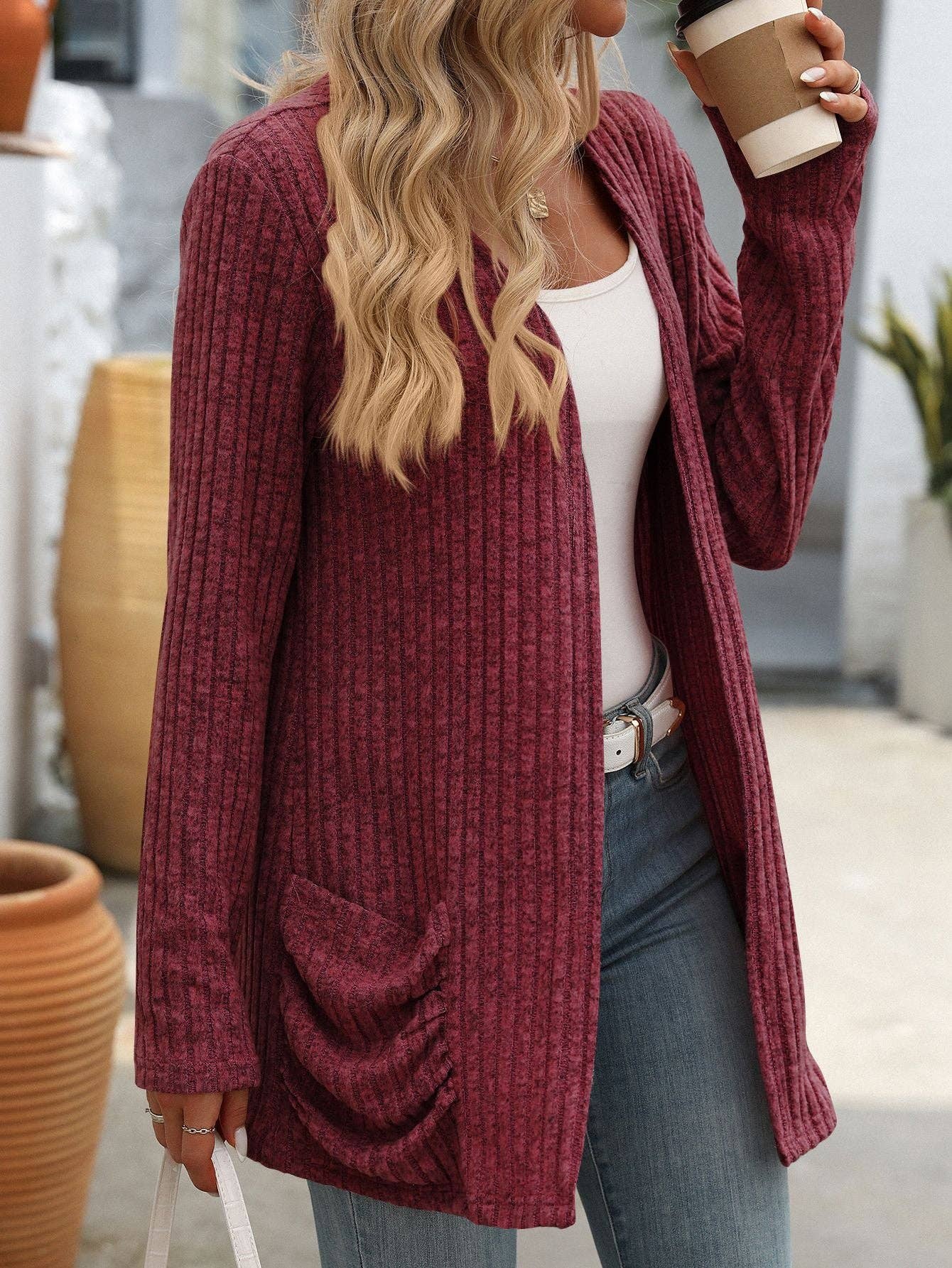 Solid Color Pit Strip Abraded Pocket Cardigan Long-sleeved Jacket