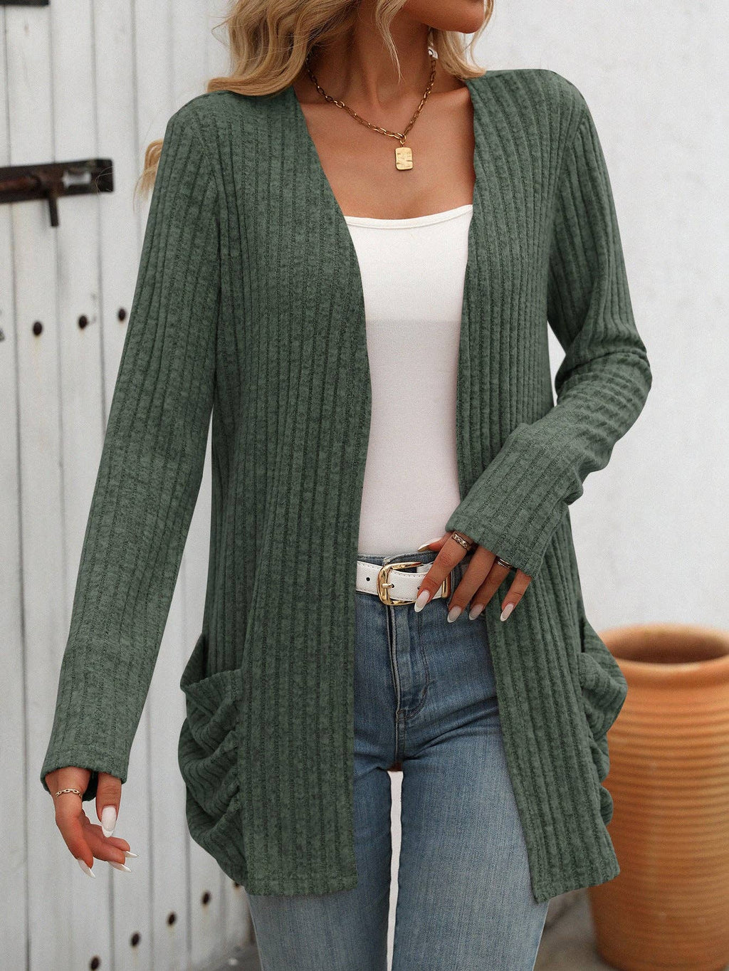 Solid Color Pit Strip Abraded Pocket Cardigan Long-sleeved Jacket