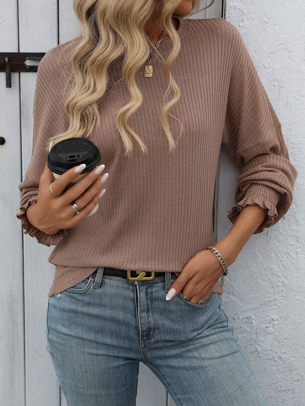 Women Loose Casual Pit Strip Long-sleeved Sweater